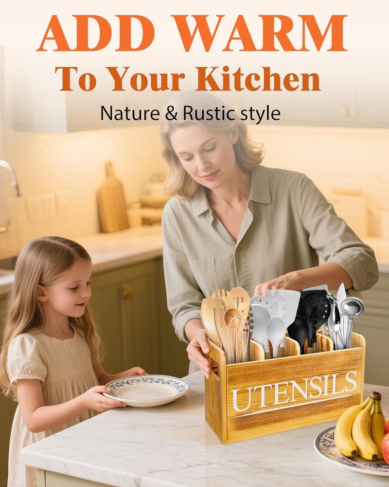 brekle Kitchen Utensil Holder for Kitchen Counter Large Wooden Organizer for Cooking Utensils Utensil Holder Counter Farmhouse Décor (Farmhouse Wooden) - Image 4